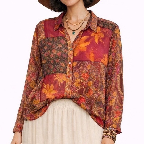 Coldwater Creek Tops - Coldwater Creek Silk Patchwork Floral Paisley Long Sleeve Sheer Blouse Women‎ XL